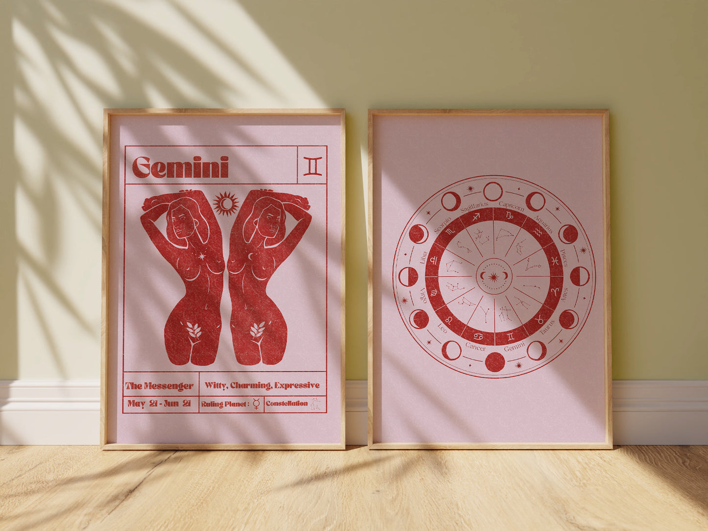 Retro Zodiac Gemini Goddess Wall Art Print, Sun Sign Art Set of 2