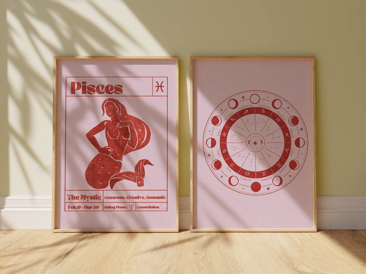 Retro Zodiac Pisces Goddess Wall Art Print, Sun Sign Art Set of 2