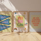 Set of 10 pastel classroom prints in a retro style, including blue pennant flags reading kind, brave, curious, a daily feelings check-in chart with smiling star, cloud, and sun characters, a puzzle piece print reading "There's a place for everyone," and colourful typography posters with quotes like "Wrong answers welcome," "Yes you can," and "It's a good day to try again."
