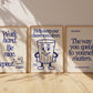 Set of 3 vertical navy and cream retro classroom prints with bold typography and character mascots including a trash can and walking book