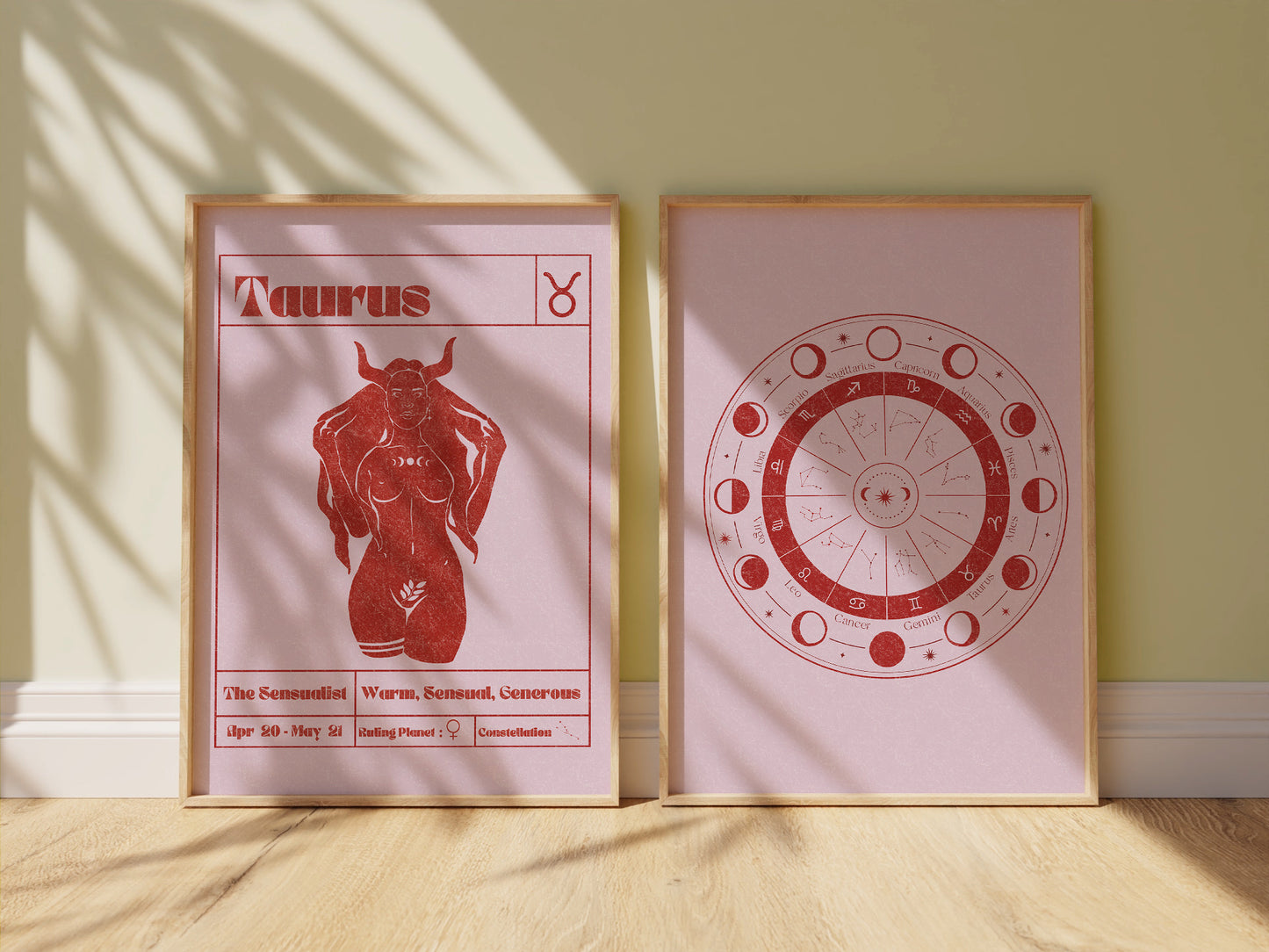 Retro Zodiac Taurus Goddess Wall Art Print, Sun Sign Art Set of 2