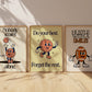 Set of 10 retro sports posters with smiling cartoon characters, including a soccer ball beside "Practice makes players," a basketball beside "Nobody scores alone," a tennis ball with racket beside "Effort never sits on the bench," a volleyball beside "Fast or slow, way to go," a football beside "Hustle with a smile," a foam finger beside "Good sports finish first," and high-fiving stars beside "We cheer for everyone here," in a vintage cream, green, and blue palette.