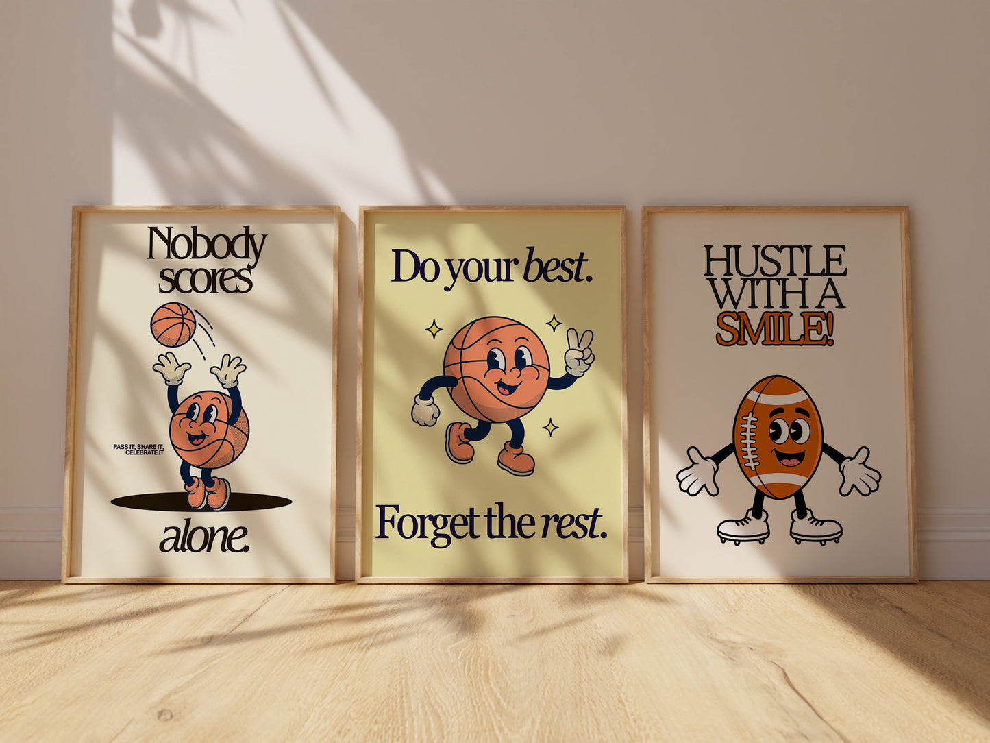Set of 10 retro sports posters with smiling cartoon characters, including a soccer ball beside "Practice makes players," a basketball beside "Nobody scores alone," a tennis ball with racket beside "Effort never sits on the bench," a volleyball beside "Fast or slow, way to go," a football beside "Hustle with a smile," a foam finger beside "Good sports finish first," and high-fiving stars beside "We cheer for everyone here," in a vintage cream, green, and blue palette.