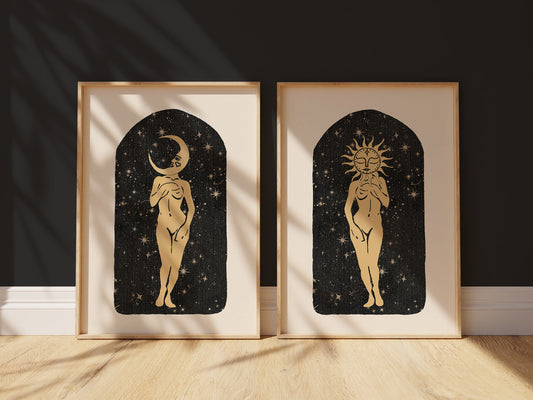 Starry Celestial Sun & Moon Goddesses Art Set