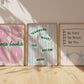 Set of 3 pastel classroom prints: "Teamwork makes the dream work" in green lettering on blue stripes, "READ more books" in pink bubble letters with green script, and "Be Kind Be Brave Be You" on a hand-drawn notebook page above two smiling star characters holding hands.
