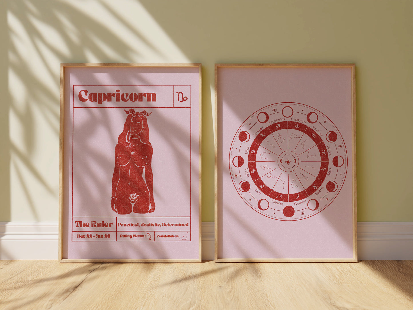 Retro Zodiac Capricorn Goddess Wall Art Print, Sun Sign Art Set of 2