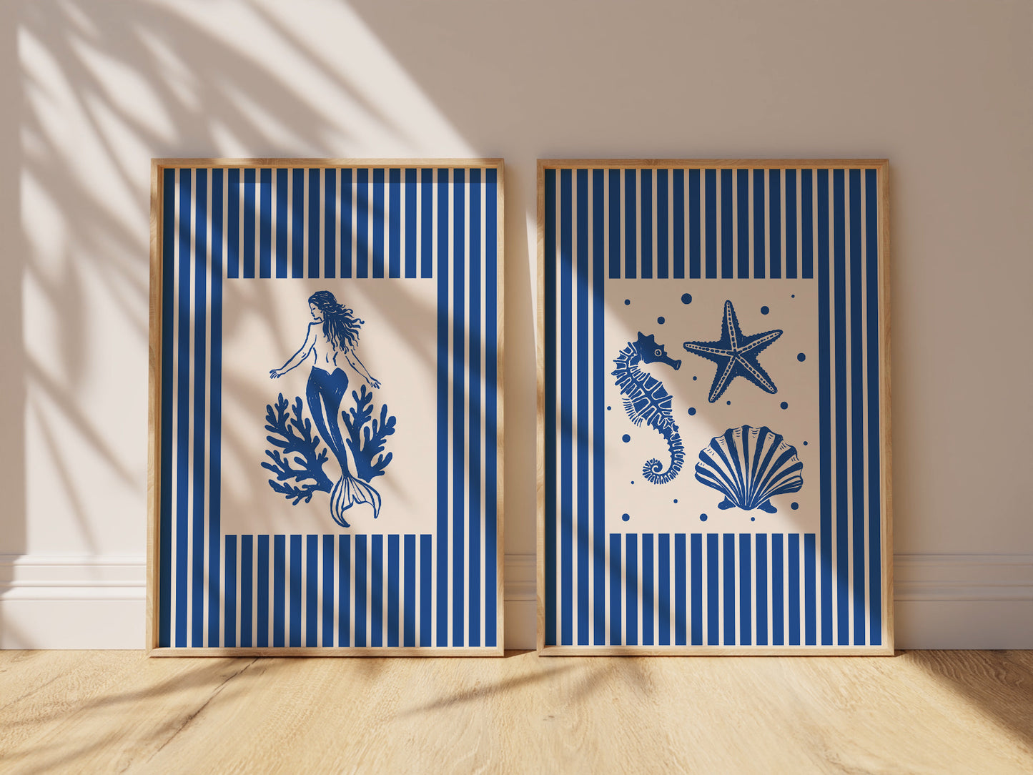 Mermaid & Seashells Coastal Blue Striped Set Of 2 - Digital Print