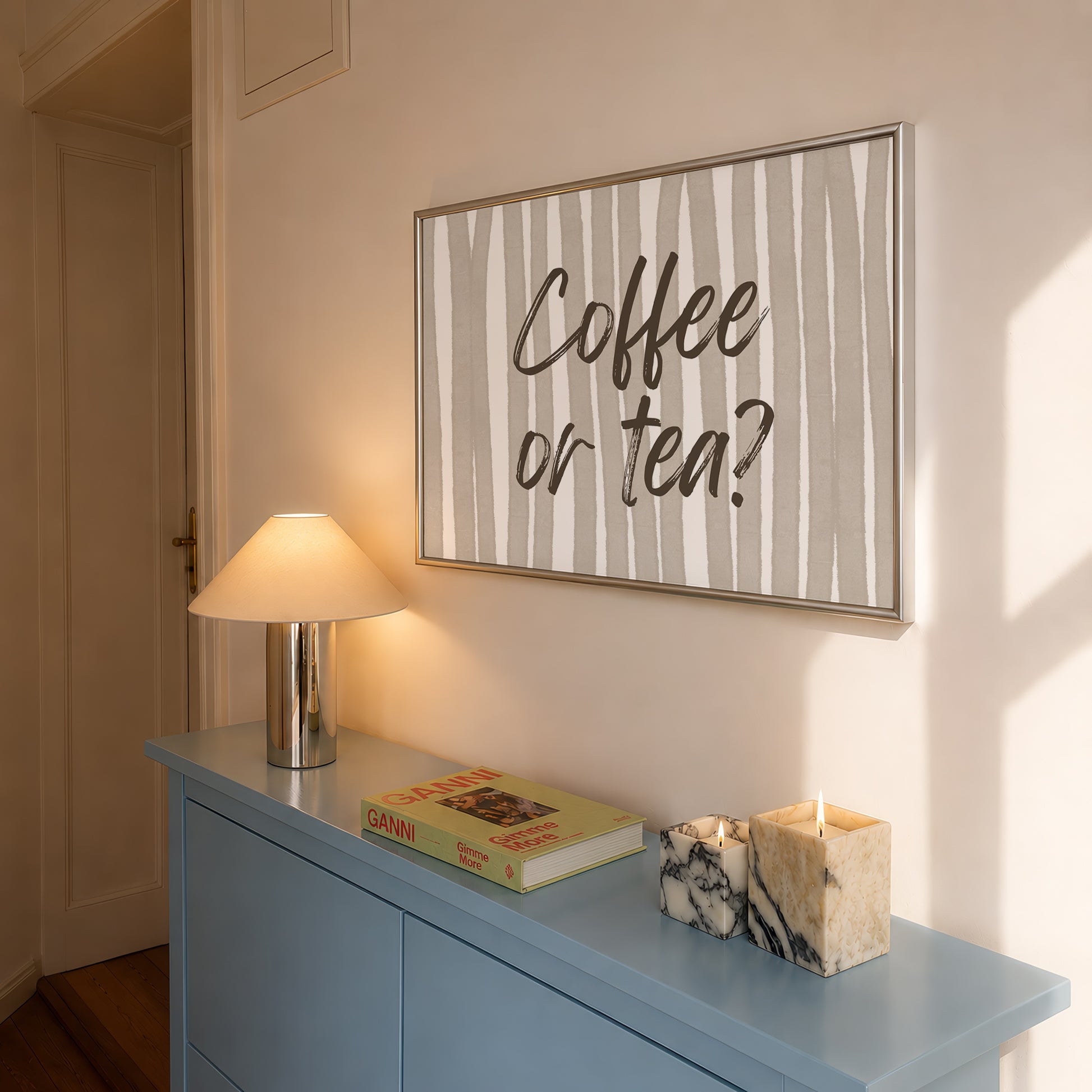 Horizontal print with hand-painted taupe and cream vertical stripes and the question "Coffee or tea?" in brown brush-lettered script across the center.