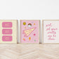 Pink dorm room gallery set of 3 leaning on floor with green striped rug — preppy sassy bedroom wall art printable