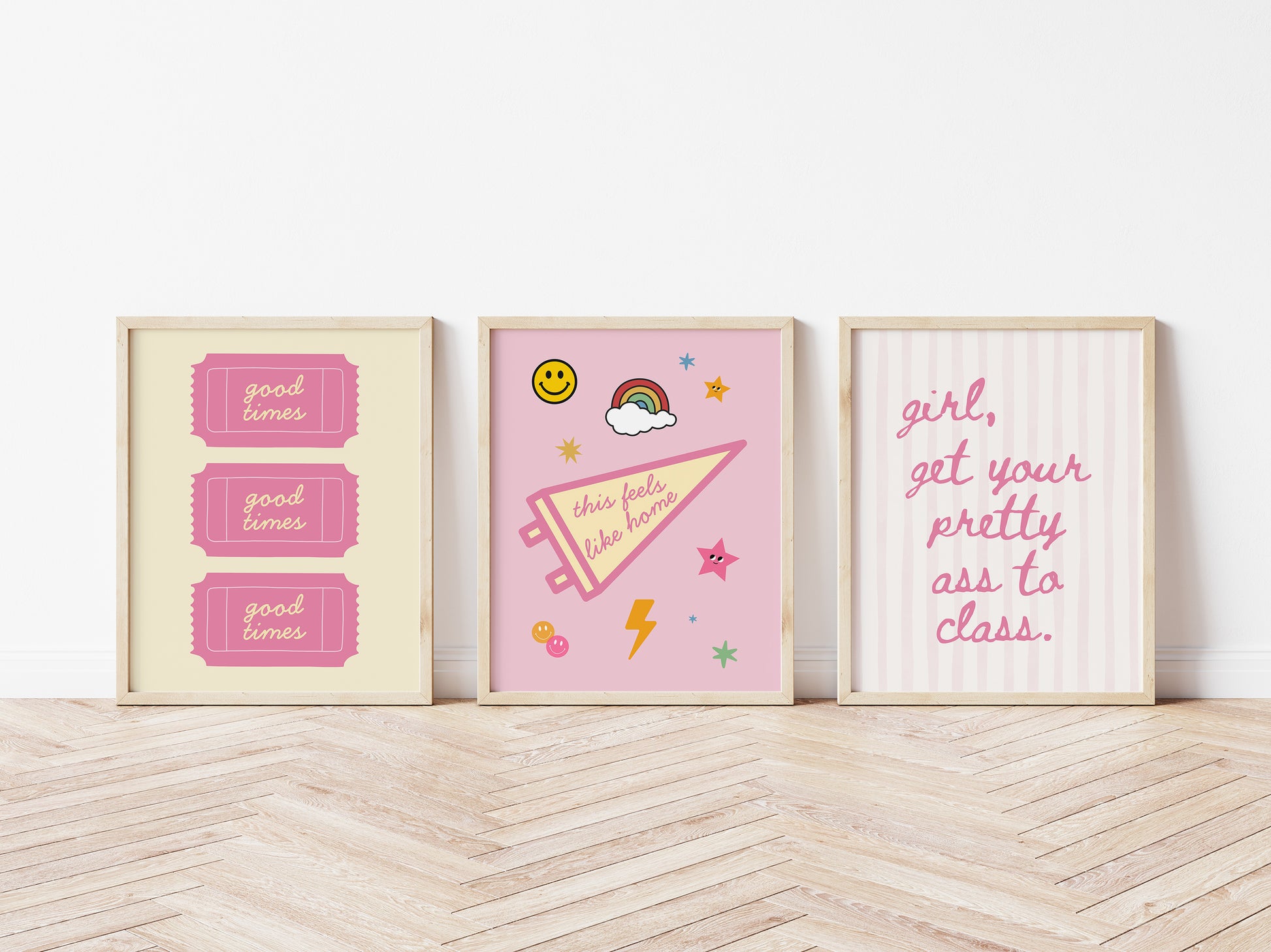 Pink dorm room gallery set of 3 leaning on floor with green striped rug — preppy sassy bedroom wall art printable
