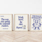 Set of 3 vertical navy and cream retro classroom prints with bold typography and character mascots including a trash can and walking book