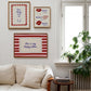 Set of three prints featuring "How lucky are we" with a horseshoe, "This is my happy place" in red stripes, and "Besos, Bisous, Beijos" with illustrated lips
