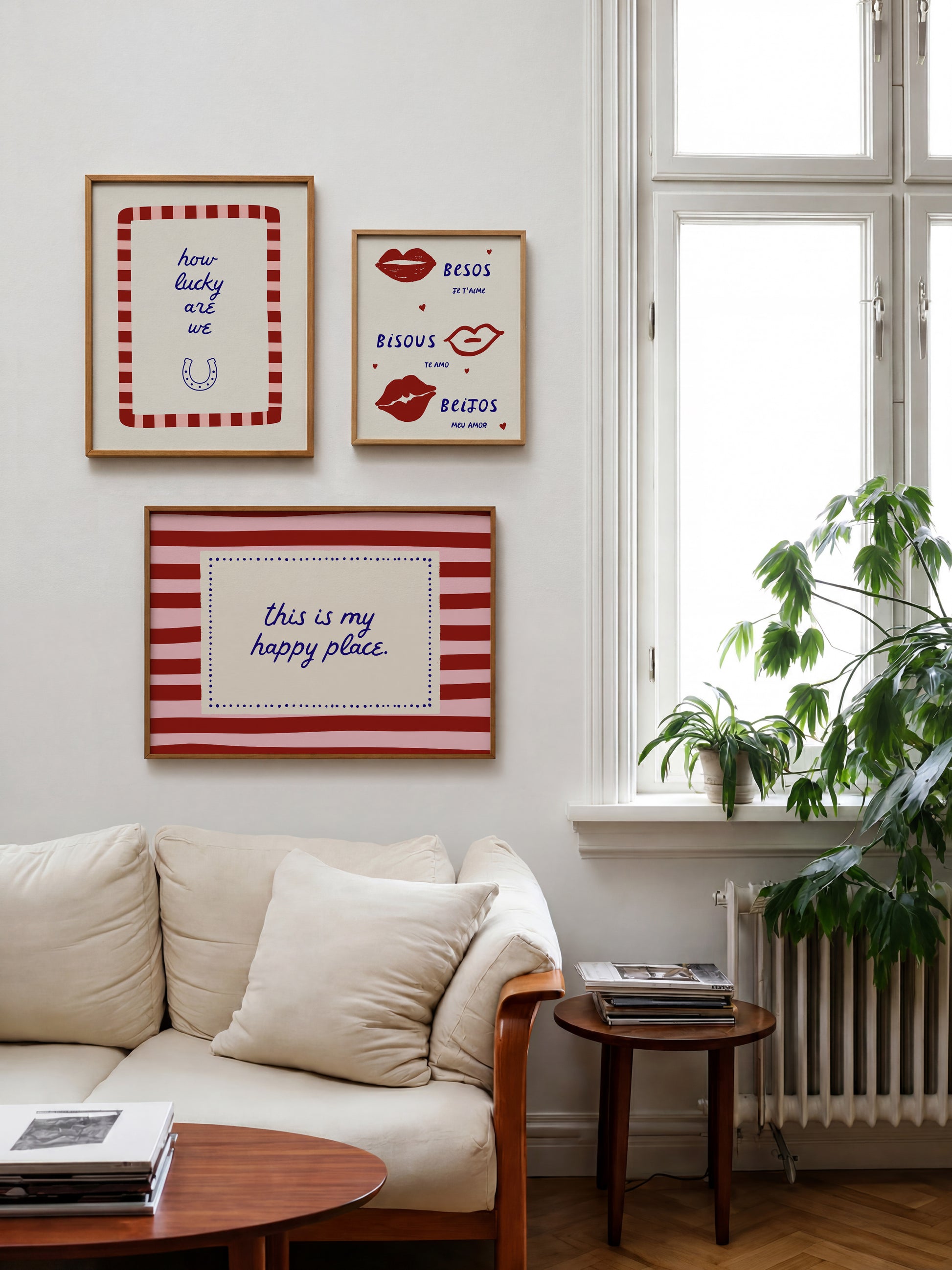 Set of three prints featuring "How lucky are we" with a horseshoe, "This is my happy place" in red stripes, and "Besos, Bisous, Beijos" with illustrated lips