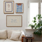 Set of five prints in rust and dusty blue: "How lucky are we" with a horseshoe, "So happy you are here," "What's for dinner?" in a checkered border, "This feels like home" on stripes, and a floral illustration