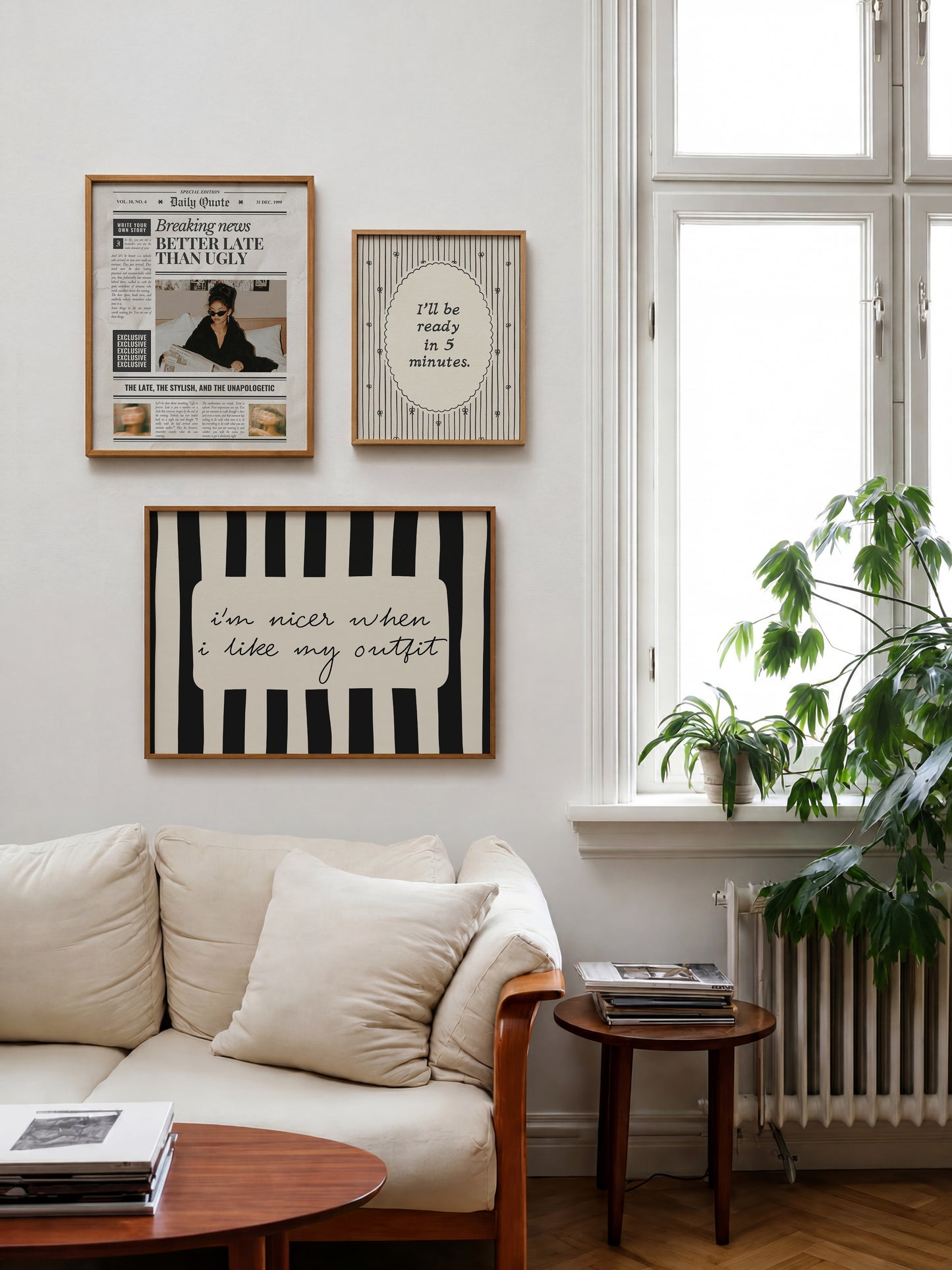 Set of 3 prints: a vintage-style "Daily Quote" newspaper front page reading "Breaking News: Better Late Than Ugly" with a fashion editorial photo of a woman in sunglasses reading a newspaper in bed, a scalloped oval print reading "I'll be ready in 5 minutes." in thin script surrounded by hand-drawn bows, and a black and white striped print with the handwritten quote "I'm nicer when I like my outfit."