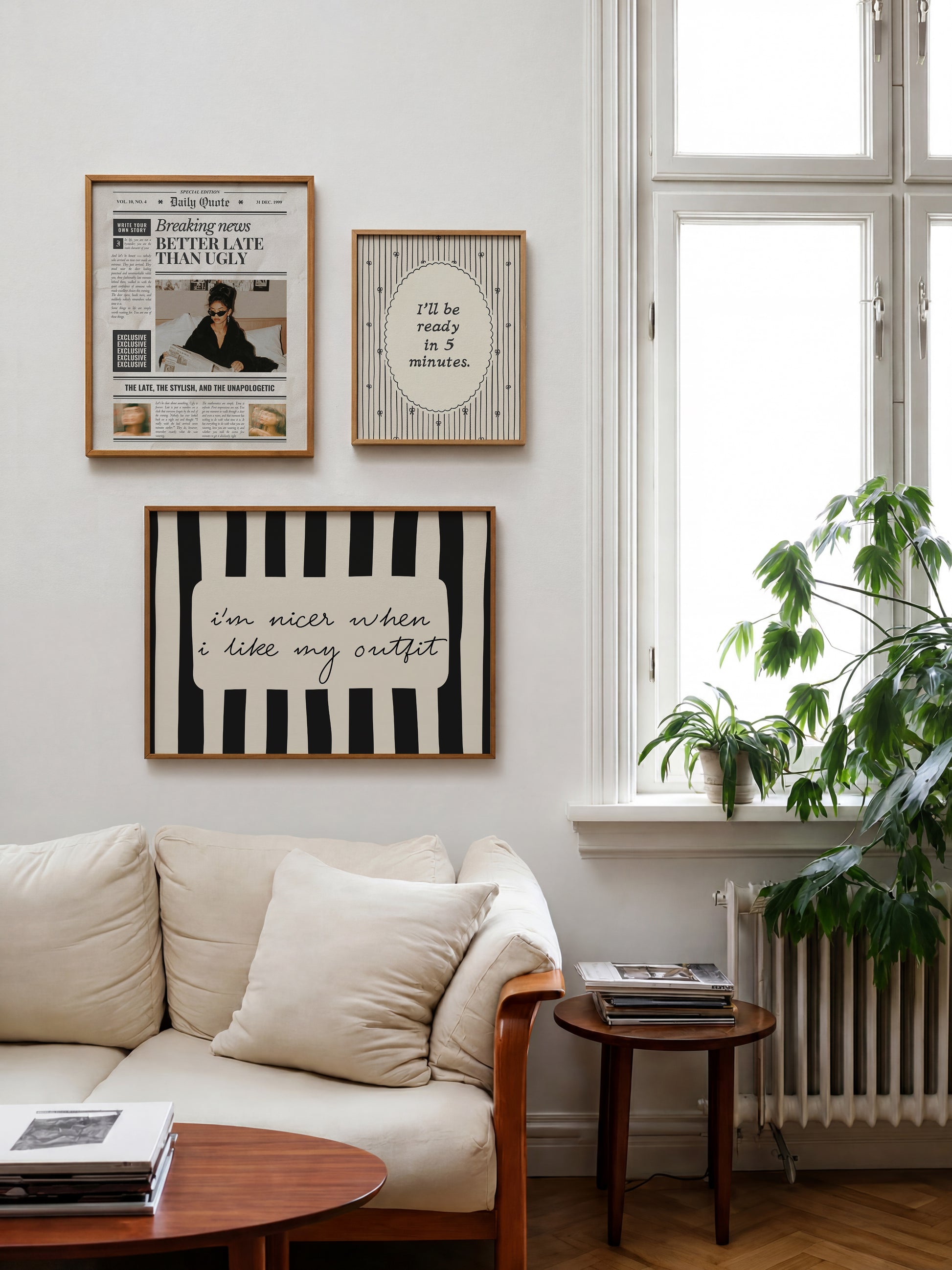 Set of 3 prints: a vintage-style "Daily Quote" newspaper front page reading "Breaking News: Better Late Than Ugly" with a fashion editorial photo of a woman in sunglasses reading a newspaper in bed, a scalloped oval print reading "I'll be ready in 5 minutes." in thin script surrounded by hand-drawn bows, and a black and white striped print with the handwritten quote "I'm nicer when I like my outfit."