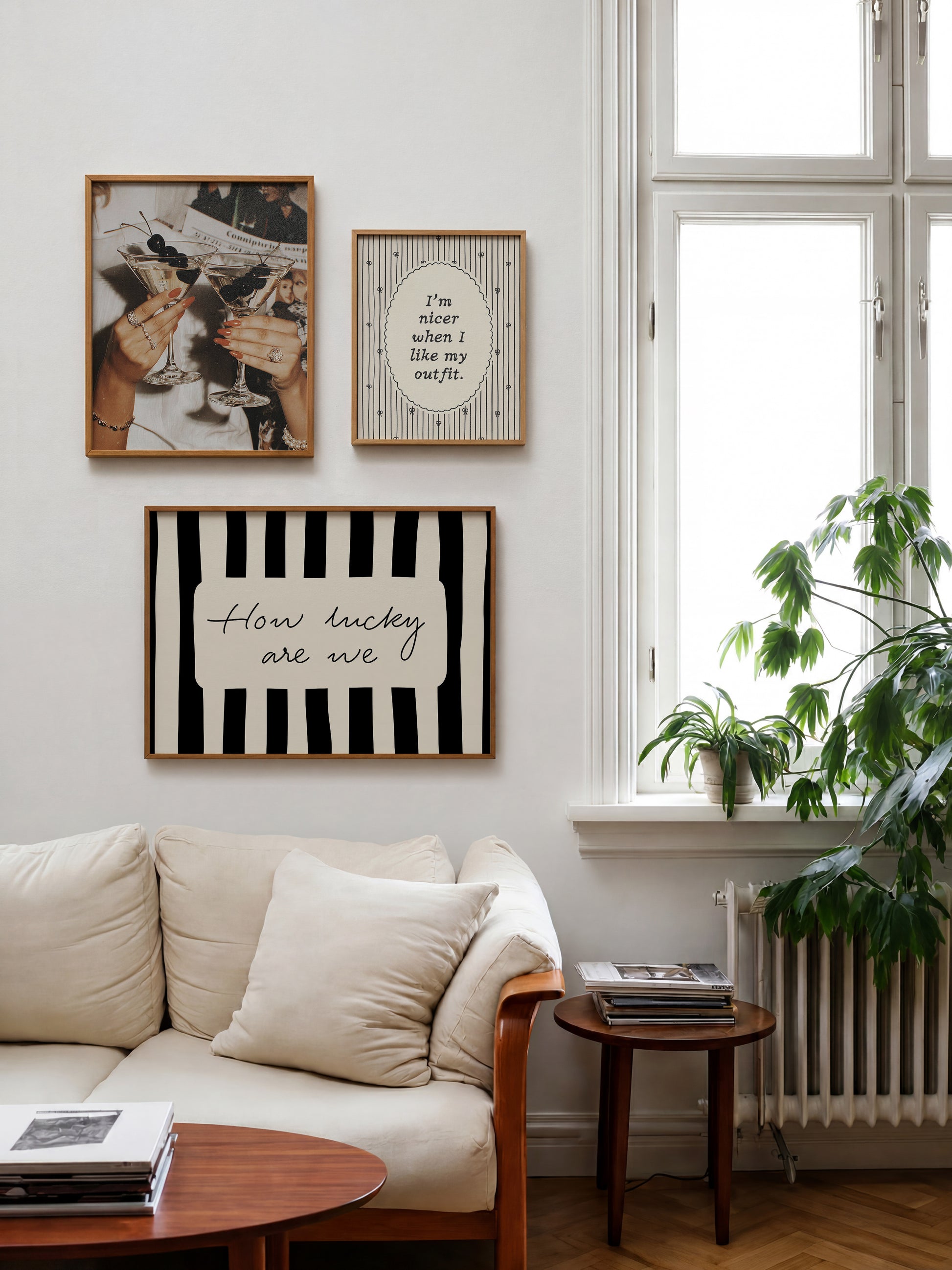 Set of 3 vintage fashion editorial prints: a photograph of two hands clinking martini glasses garnished with cherries, "I'm nicer when I like my outfit" in a scalloped oval frame, and "How lucky are we" on bold black and white stripes.
