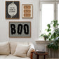 Set of 3 vintage-style Halloween prints: three "Trick or Treat, Admit One" ticket stubs, the word "BOO" in dripping black lettering, and "'Tis the season to be spooky" framed by skeleton hands on black and cream stripes.