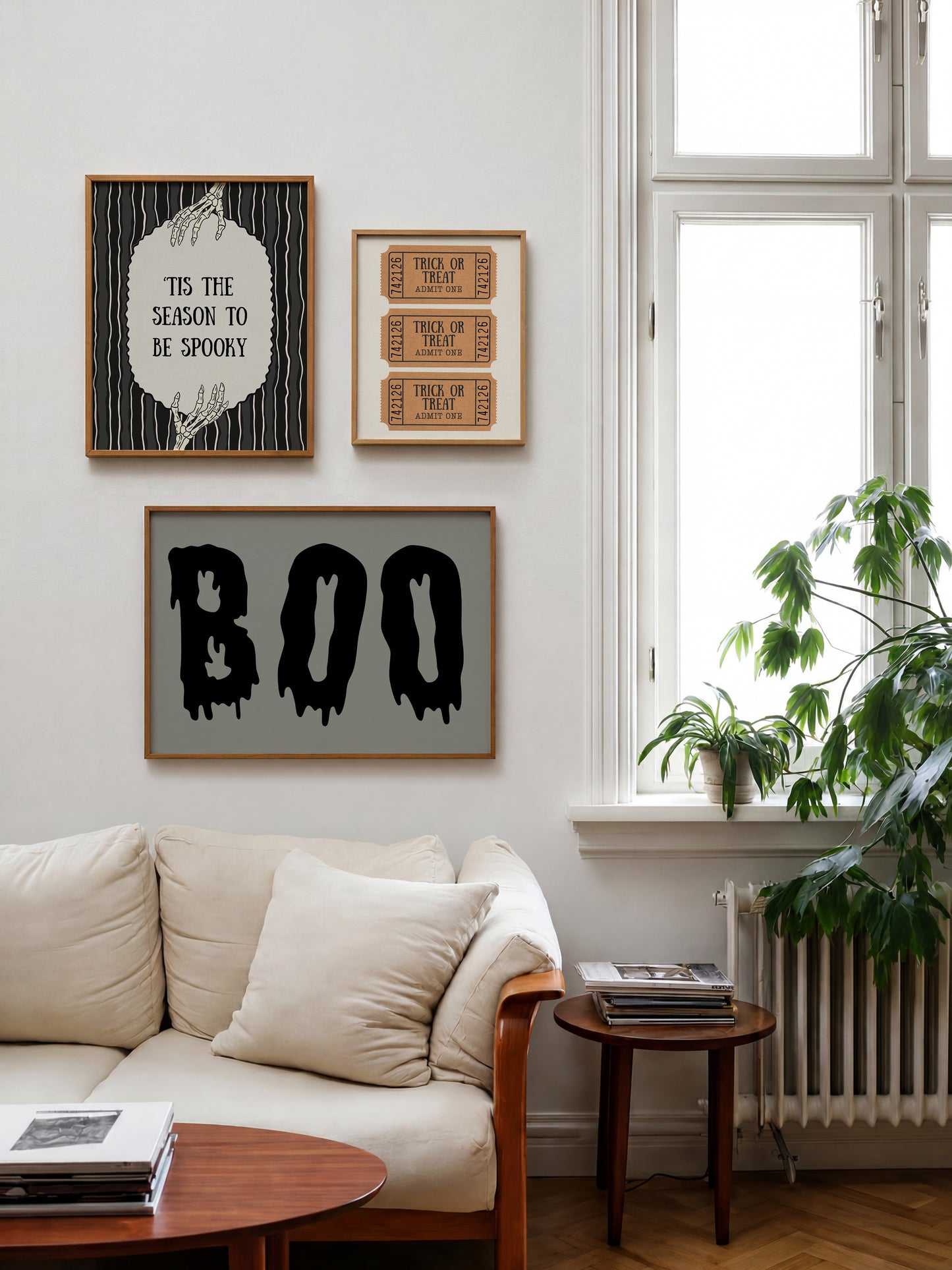 Set of 3 vintage-style Halloween prints: three "Trick or Treat, Admit One" ticket stubs, the word "BOO" in dripping black lettering, and "'Tis the season to be spooky" framed by skeleton hands on black and cream stripes.