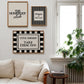 Set of 3 black and white prints: "The Homebody Club" in bold serif type, "Cute Shoes! Take them off." framed by checkered stripes, and "Bring joy or kick rocks" in a scalloped panel on black and white stripes.