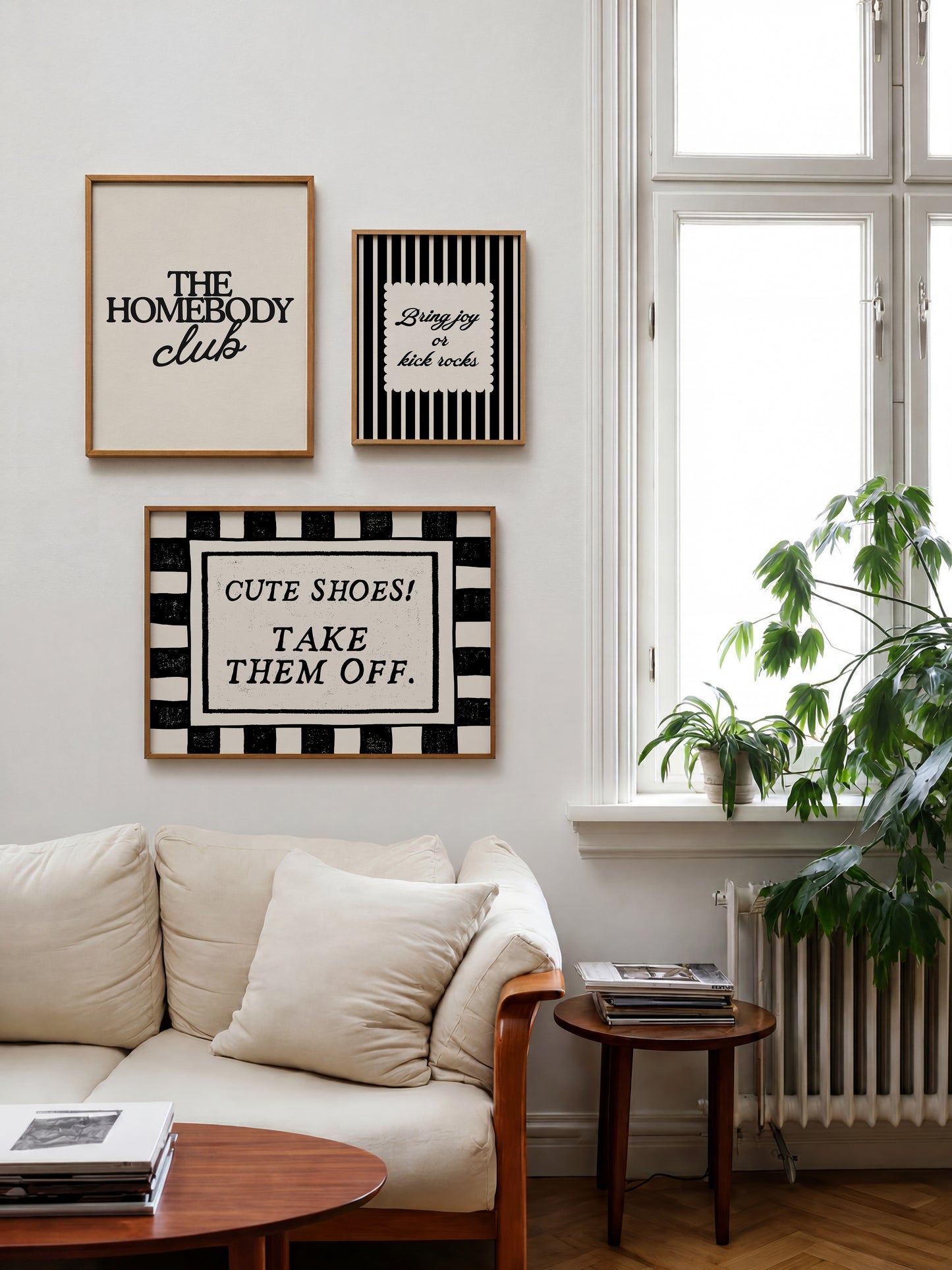 Set of 3 black and white prints: "The Homebody Club" in bold serif type, "Cute Shoes! Take them off." framed by checkered stripes, and "Bring joy or kick rocks" in a scalloped panel on black and white stripes.