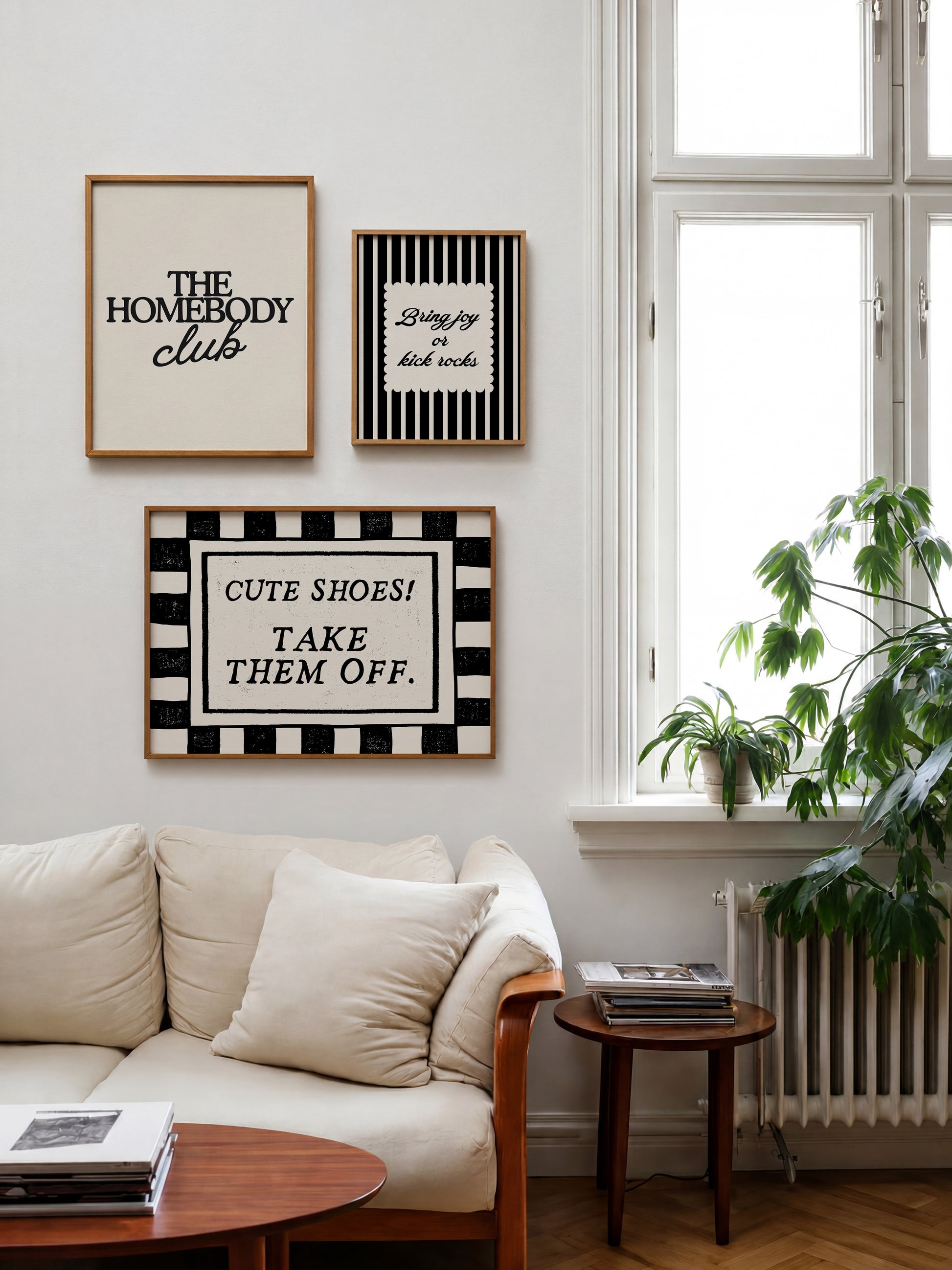 Set of 3 black and white prints: "The Homebody Club" in bold serif type, "Cute Shoes! Take them off." framed by checkered stripes, and "Bring joy or kick rocks" in a scalloped panel on black and white stripes.