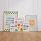 Set of 10 pastel classroom prints in a retro style, including blue pennant flags reading kind, brave, curious, a daily feelings check-in chart with smiling star, cloud, and sun characters, a puzzle piece print reading "There's a place for everyone," and colourful typography posters with quotes like "Wrong answers welcome," "Yes you can," and "It's a good day to try again."