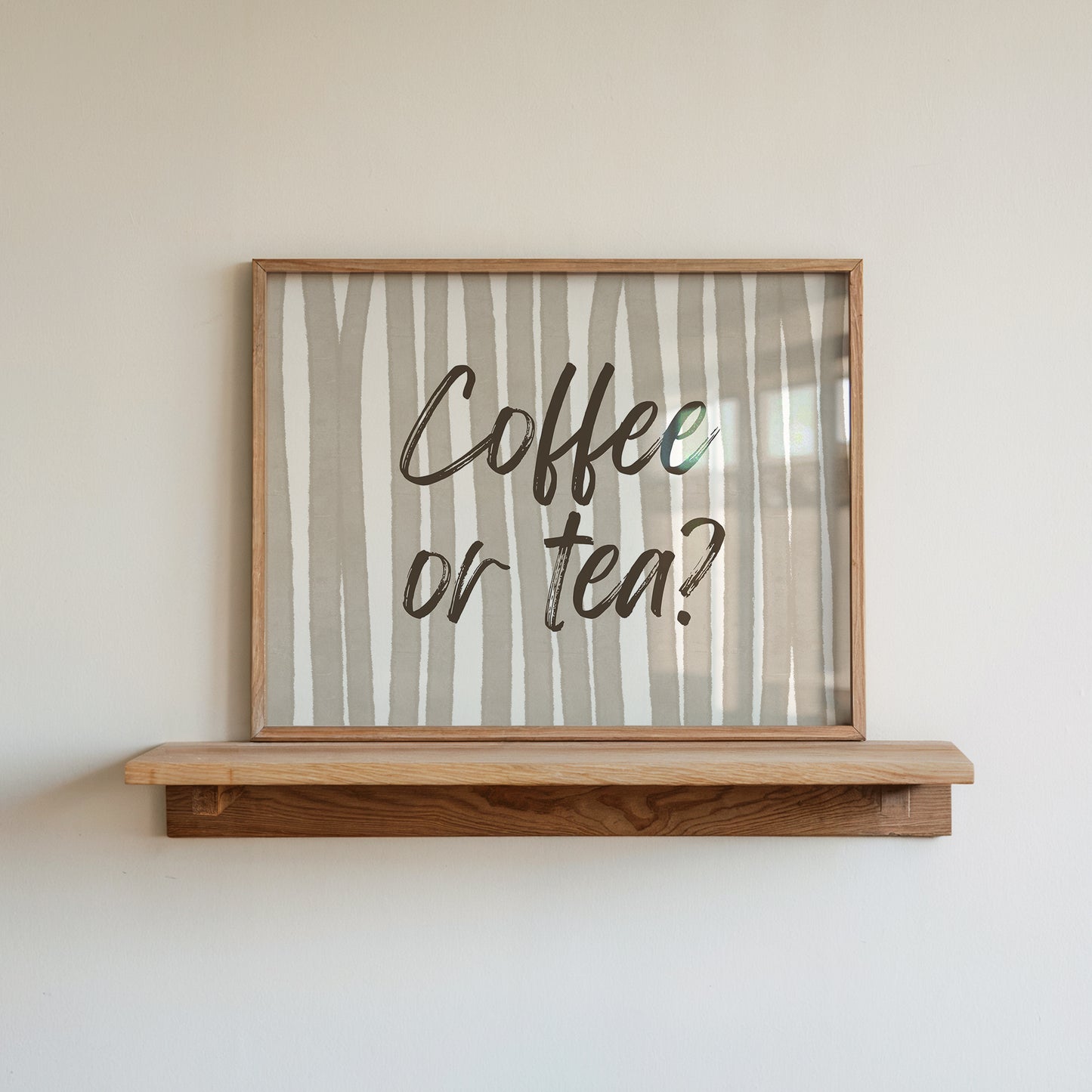 Horizontal print with hand-painted taupe and cream vertical stripes and the question "Coffee or tea?" in brown brush-lettered script across the center.