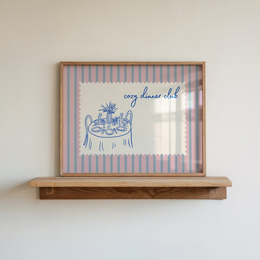 Pink & blue striped 'Cozy Dinner Club' art print — colourful kitchen or dining room wall decor