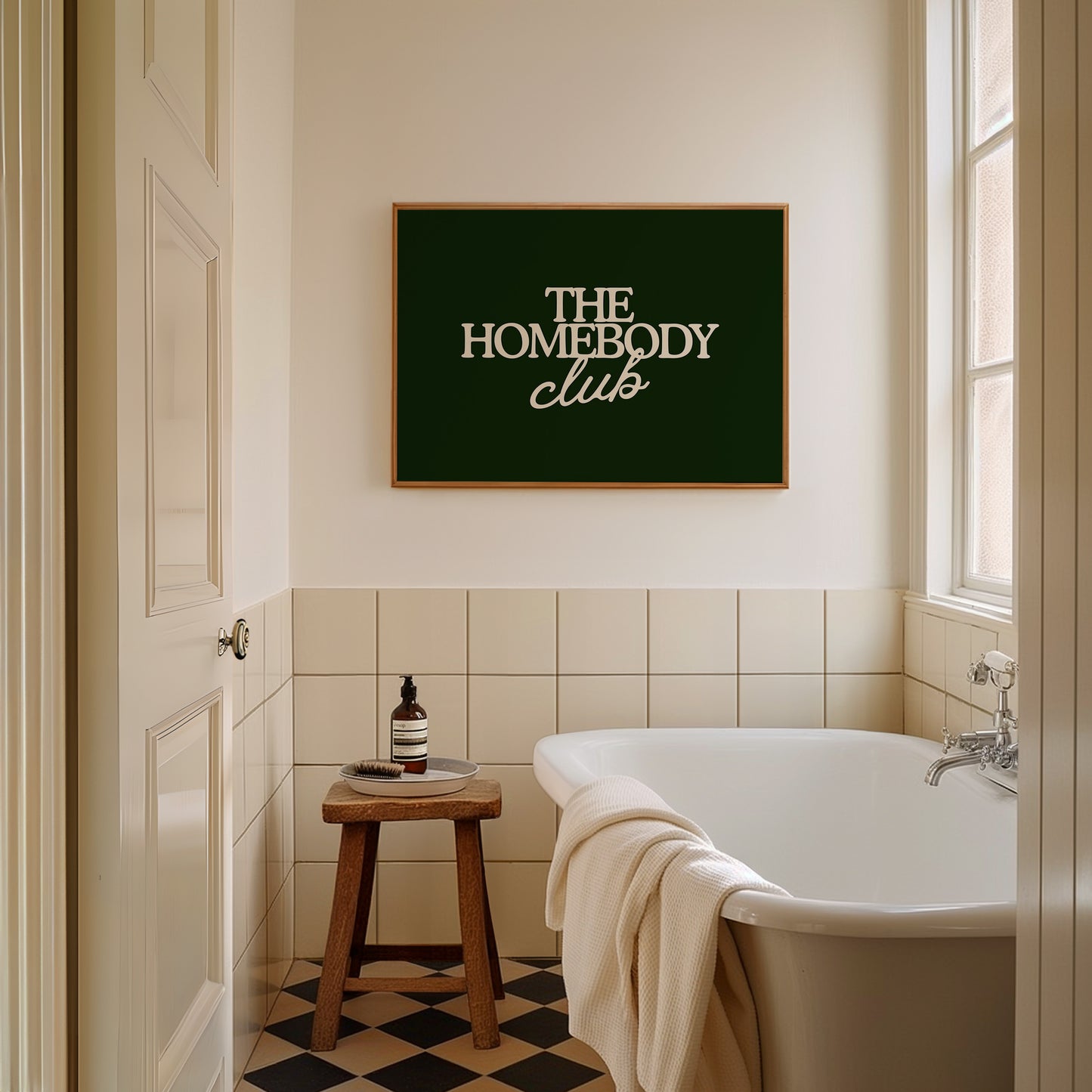 Dark green print with "The Homebody Club" in cream serif and script typography