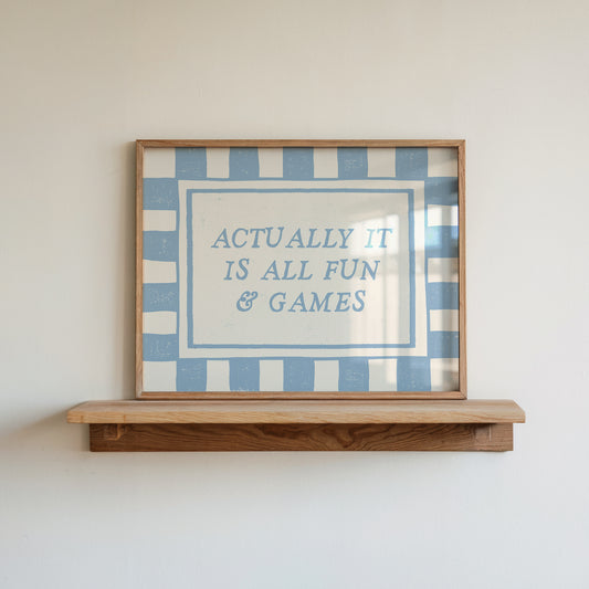 Actually It Is All Fun & Games blue checkered horizontal art print above pink nightstand — bold bedroom wall decor instant download