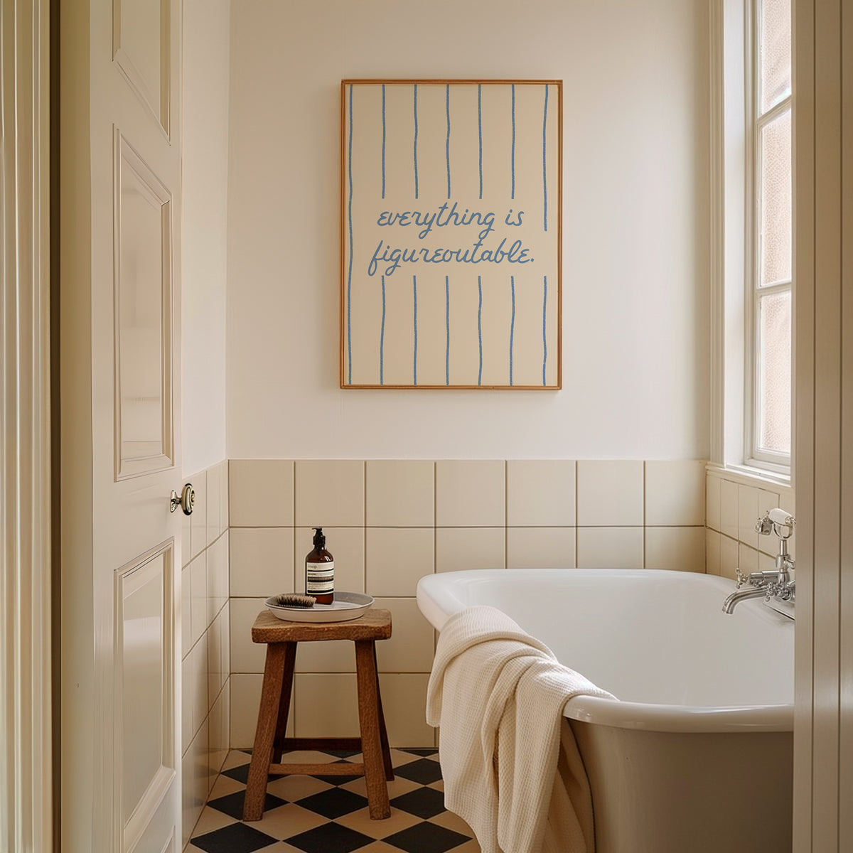 Square digital print with a cream background and blue vertical stripes, featuring the phrase "everything is figureoutable." in blue script centered on the design.