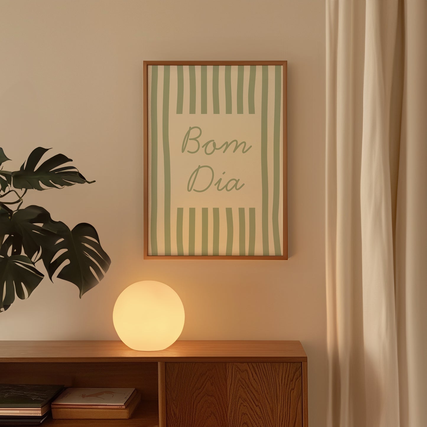 Bom Dia Sage Green Striped Art - Digital Print
