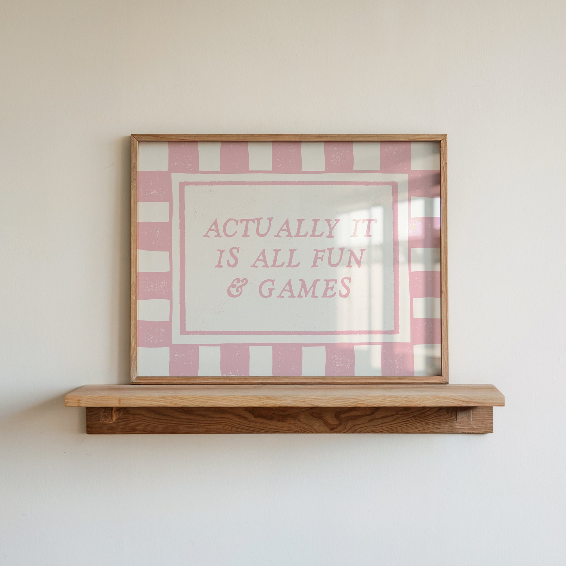 Actually It Is All Fun & Games pink checkered horizontal art print above bed with tulips — aesthetic dorm bedroom wall decor