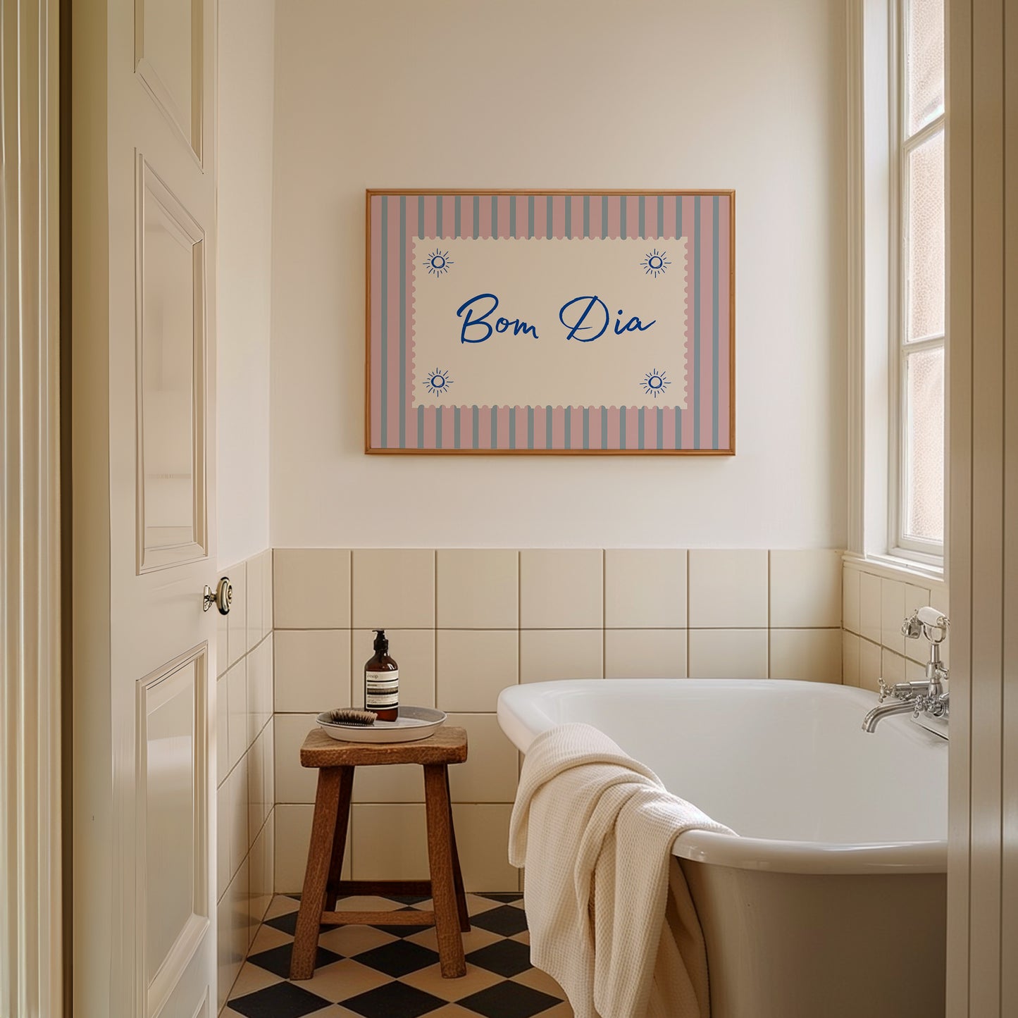 Bom Dia Pink Striped Horizontal Art - Digital Print