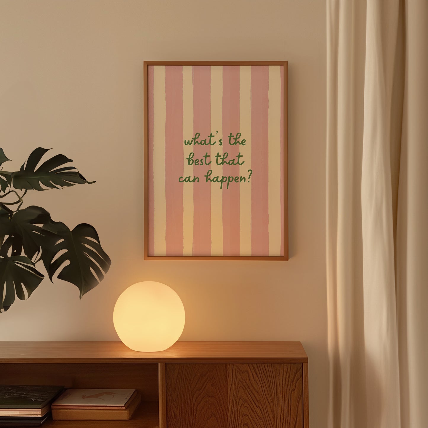 Print with soft pink hand-painted brush stroke stripes and the quote "What's the best that can happen" in script lettering.