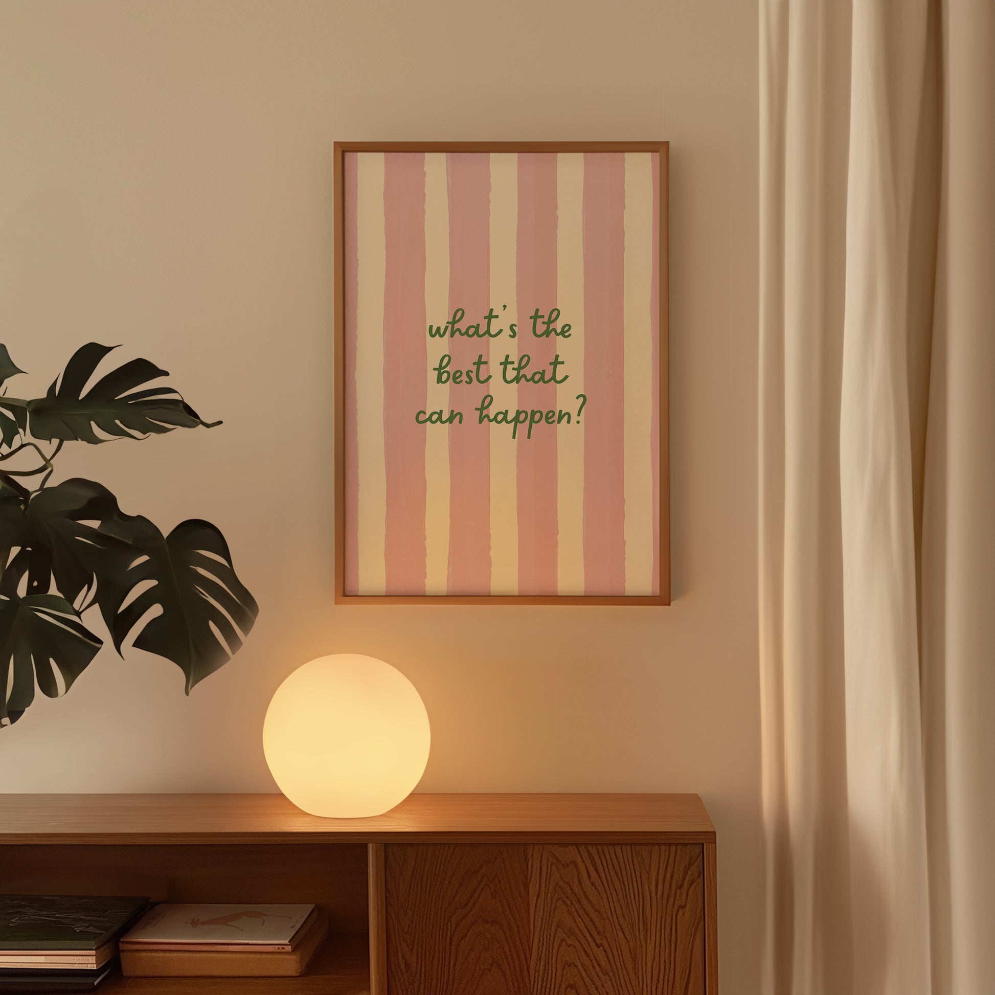 Print with soft pink hand-painted brush stroke stripes and the quote "What's the best that can happen" in script lettering.