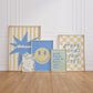 Set of 10 classroom prints in blue, green, and yellow: Yes You Can, Every Voice Matters Here, Slow Down You're Doing Fine, Progress Over Perfection, a starburst Welcome illustration, an Attendance Check print reading Show Up As You Are, Great Minds Grow Here on a checkered background, a smiley face reading Be the Kind Kid, Mistakes Help Us Learn, and Great Things Come to Those Who Try.