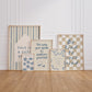 Set of 10 calm corner prints in tan and blue: "Take Your Time," "I am enough" on a smiley face, "Breathe" beside a meditating duck illustration, a "Daily Check-in, All Feelings Welcome!" chart with cartoon stars and clouds, "Slow Down, You're Doing Fine!", "You are enough," "Be Kind To Your Mind" on a checkered background, "This is a Safe Space" on a house shape, "The way you speak to yourself matters" beside a heart illustration, and "It's OK to Not Be OK."