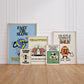 Set of 10 retro sports posters with smiling cartoon characters, including a soccer ball beside "Practice makes players," a basketball beside "Nobody scores alone," a tennis ball with racket beside "Effort never sits on the bench," a volleyball beside "Fast or slow, way to go," a football beside "Hustle with a smile," a foam finger beside "Good sports finish first," and high-fiving stars beside "We cheer for everyone here," in a vintage cream, green, and blue palette.