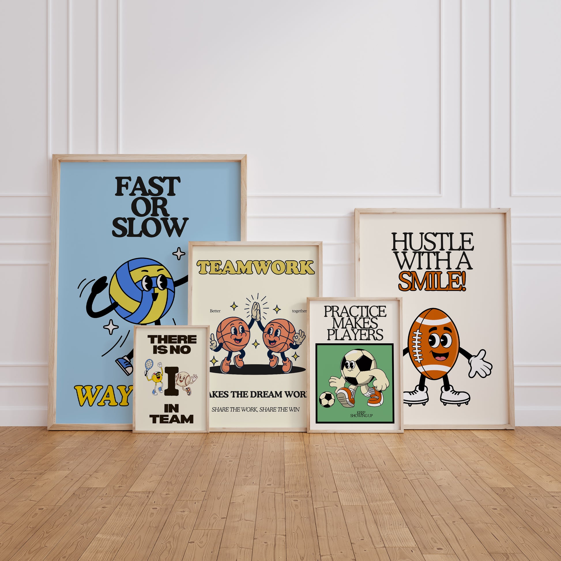 Set of 10 retro sports posters with smiling cartoon characters, including a soccer ball beside "Practice makes players," a basketball beside "Nobody scores alone," a tennis ball with racket beside "Effort never sits on the bench," a volleyball beside "Fast or slow, way to go," a football beside "Hustle with a smile," a foam finger beside "Good sports finish first," and high-fiving stars beside "We cheer for everyone here," in a vintage cream, green, and blue palette.