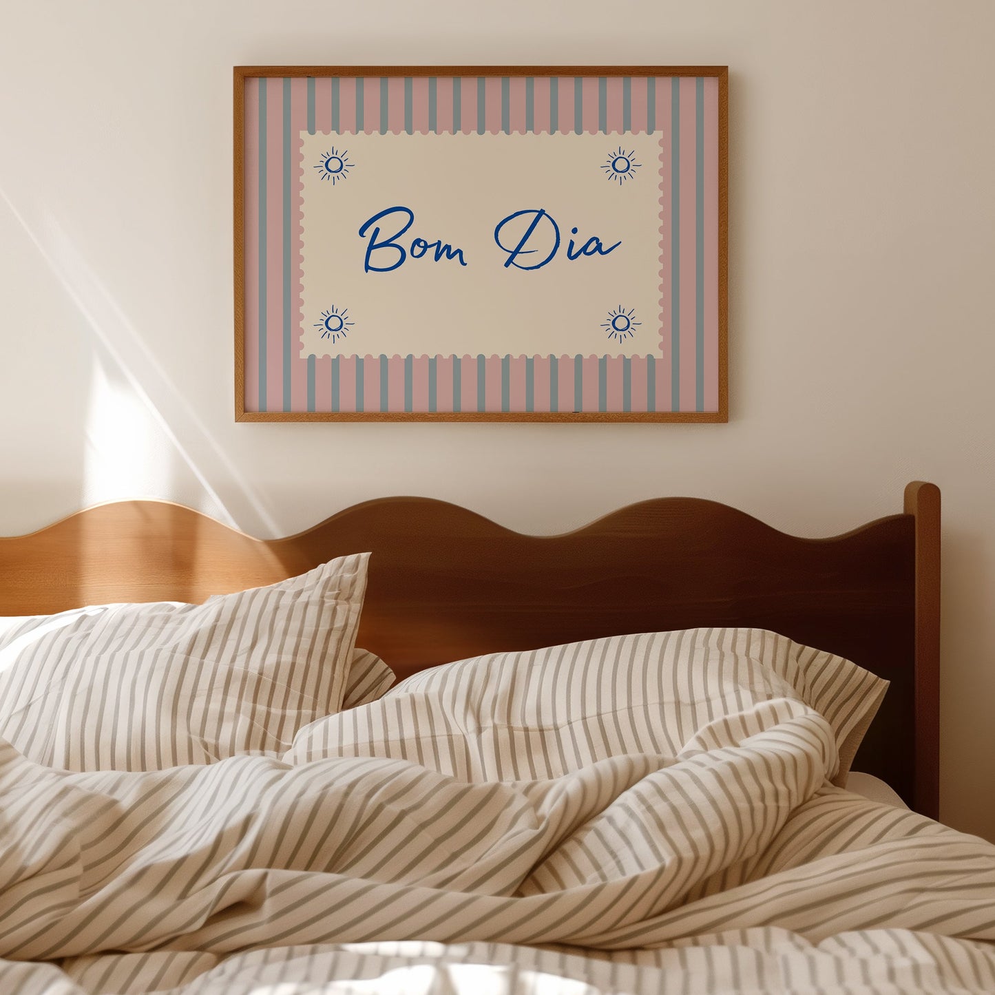 Bom Dia Pink Striped Horizontal Art - Digital Print