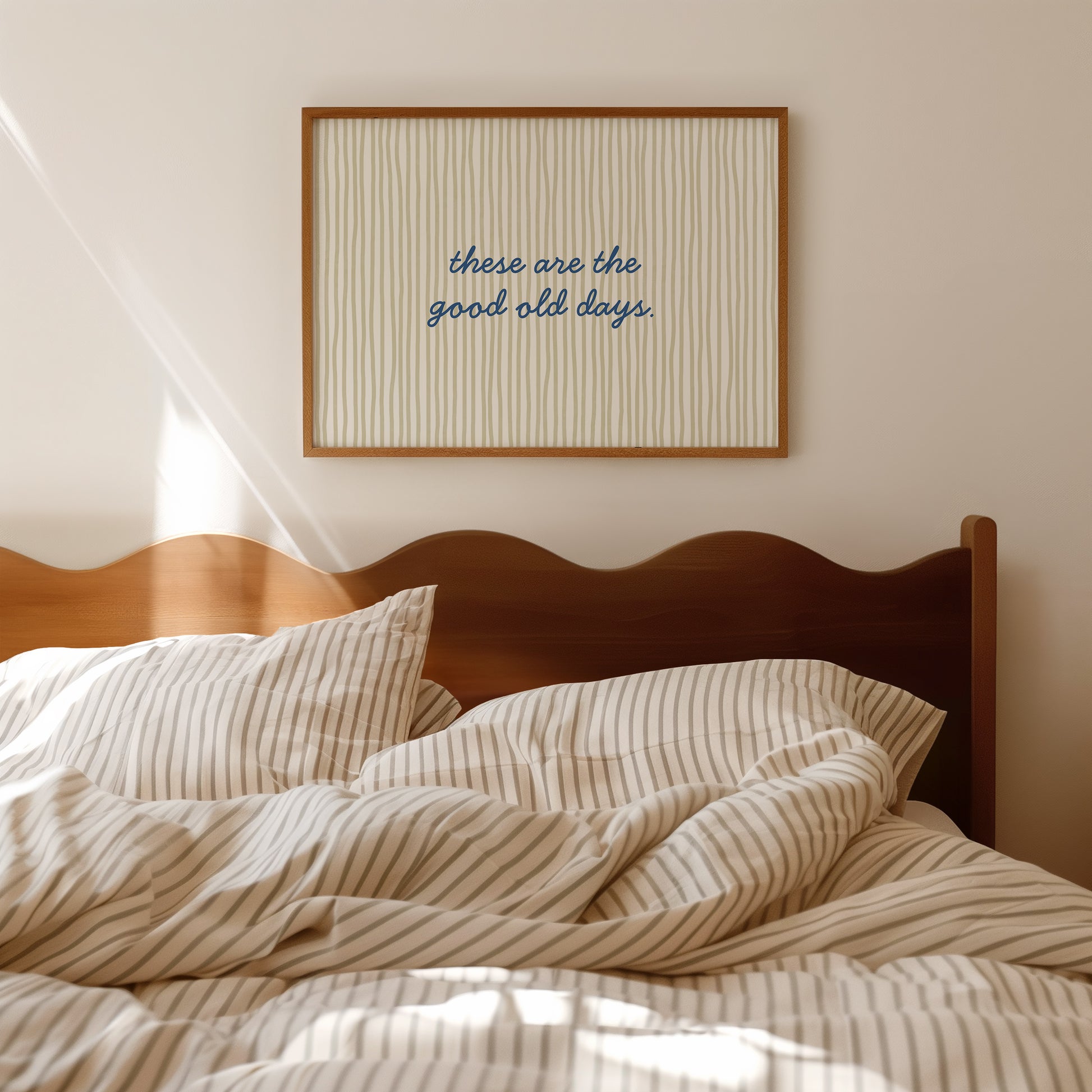 These Are The Good Old Days sage green wavy stripe horizontal print in wood frame — aesthetic bedroom wall decor