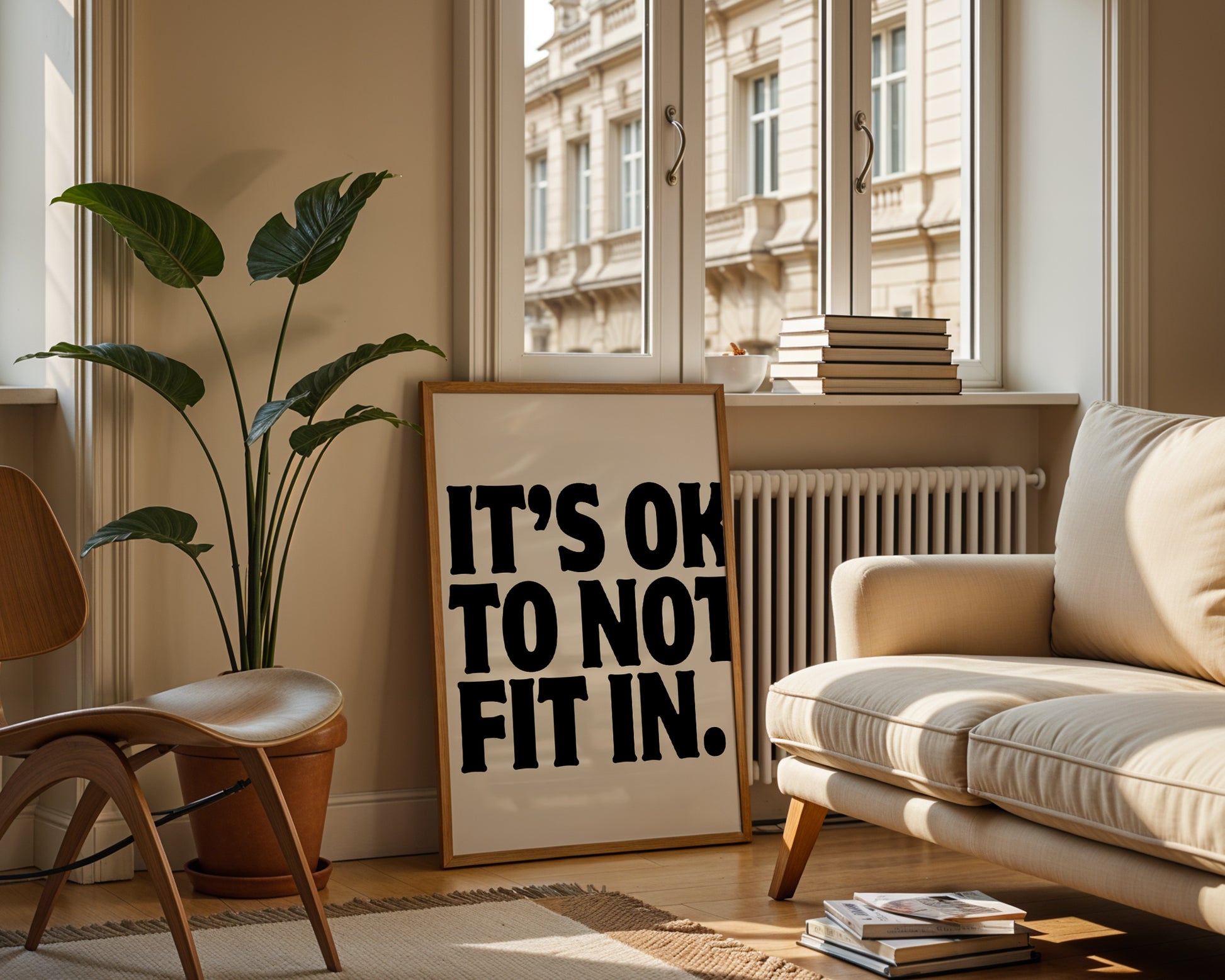Square cream wall print with bold oversized black chunky typography reading It's Ok To Not Fit In on a clean white background