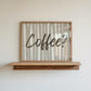 Beige and cream striped print with "Coffee?" in bold brown brush script