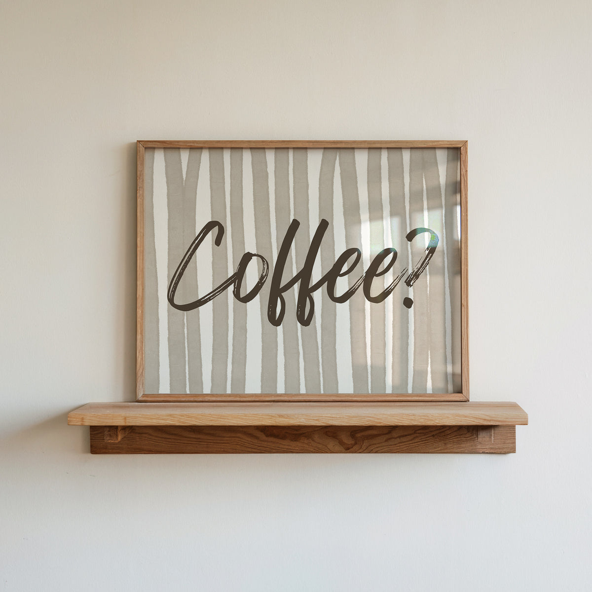 Beige and cream striped print with "Coffee?" in bold brown brush script