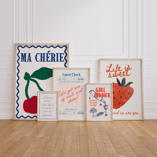 French Style Girl Dinner Art Set of 5 | Ma Cherie Print | Blue & Red Aesthetic