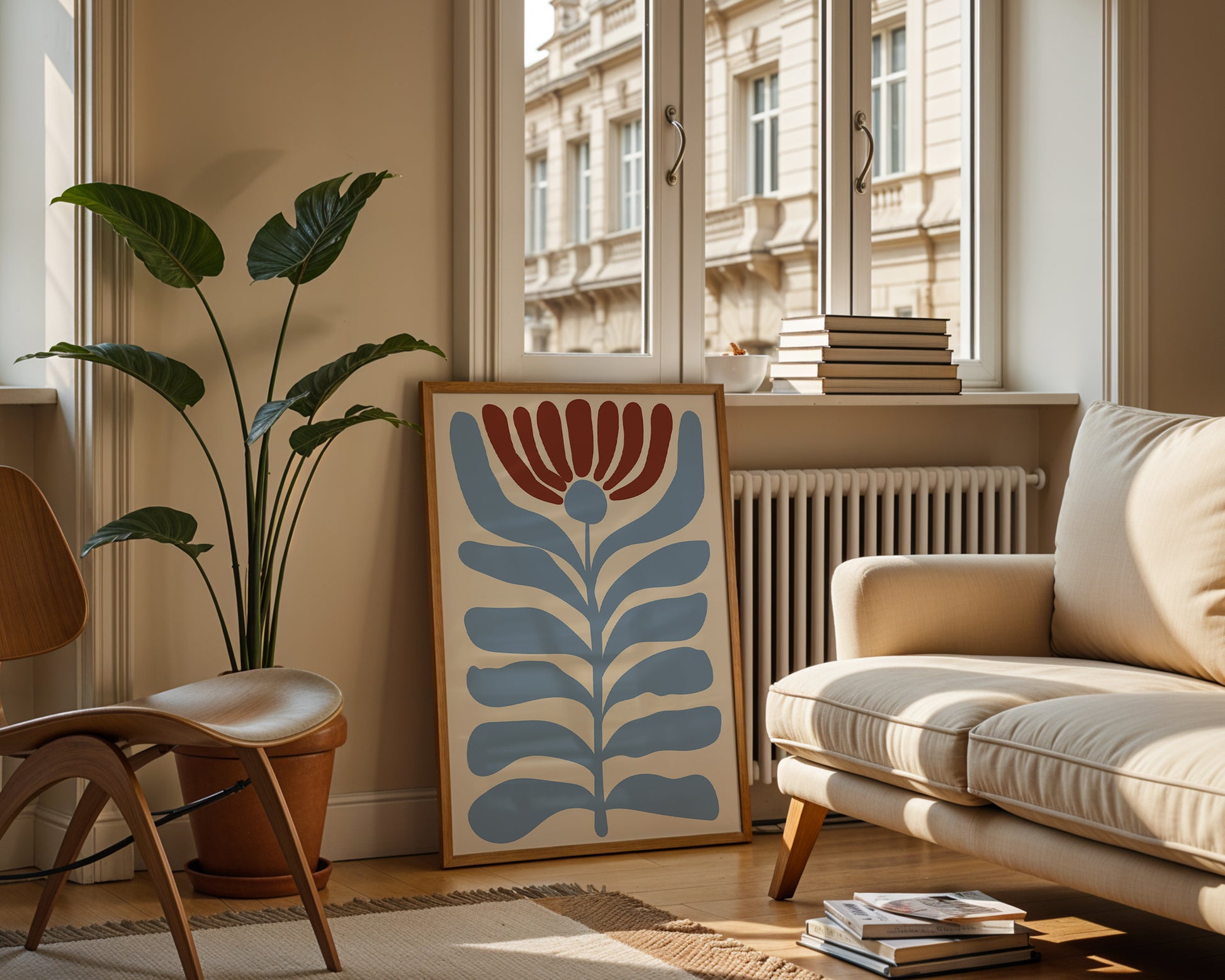 Set of five prints in rust and dusty blue: "How lucky are we" with a horseshoe, "So happy you are here," "What's for dinner?" in a checkered border, "This feels like home" on stripes, and a floral illustration