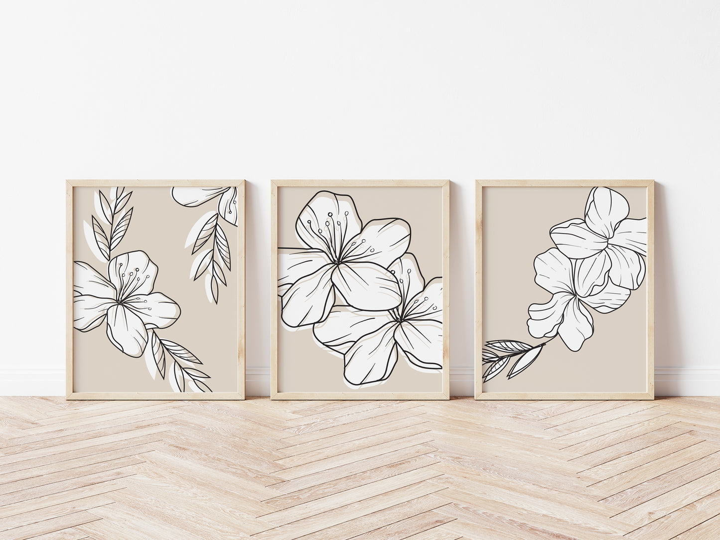 Beige Boho Minimalist Line Art Floral Set of 3