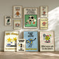 Set of 10 retro sports posters with smiling cartoon characters, including a soccer ball beside "Practice makes players," a basketball beside "Nobody scores alone," a tennis ball with racket beside "Effort never sits on the bench," a volleyball beside "Fast or slow, way to go," a football beside "Hustle with a smile," a foam finger beside "Good sports finish first," and high-fiving stars beside "We cheer for everyone here," in a vintage cream, green, and blue palette.